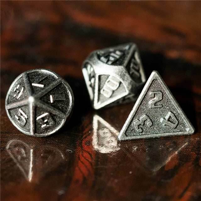 Silver Mini Metal Dice Ancient Effect | (10mm to 15mm) 7-Dice Udixi RPG - 