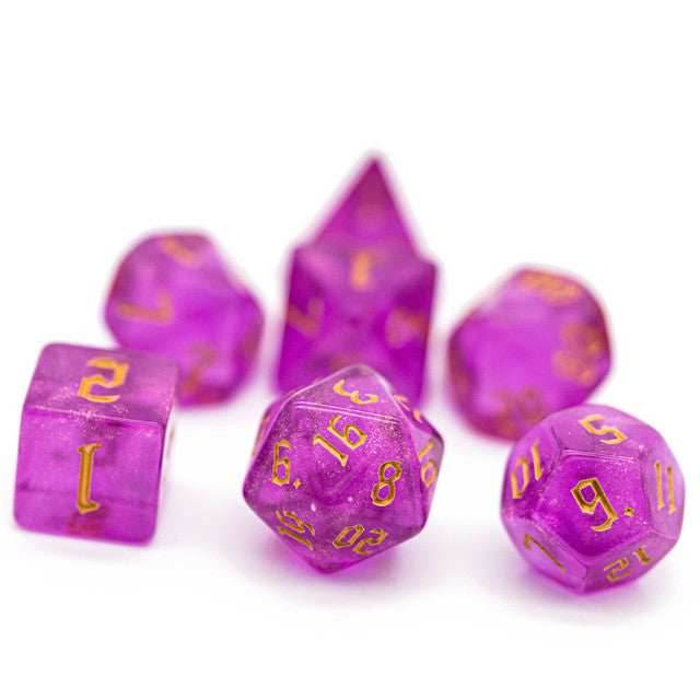 Violet Glitter Party Glitter Dice (Gold font) 7-Dice Set RPG DND - 