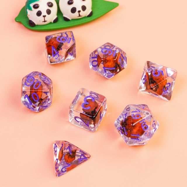 Orange Skull Dice | Clear RPG 7-Dice Set w/ Purple Numbers - 
