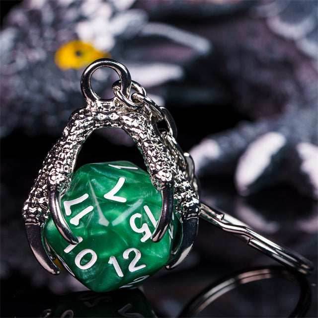 Claw Green D20 Keychain Featuring Silver Metal Dragon Claw + d20 - 