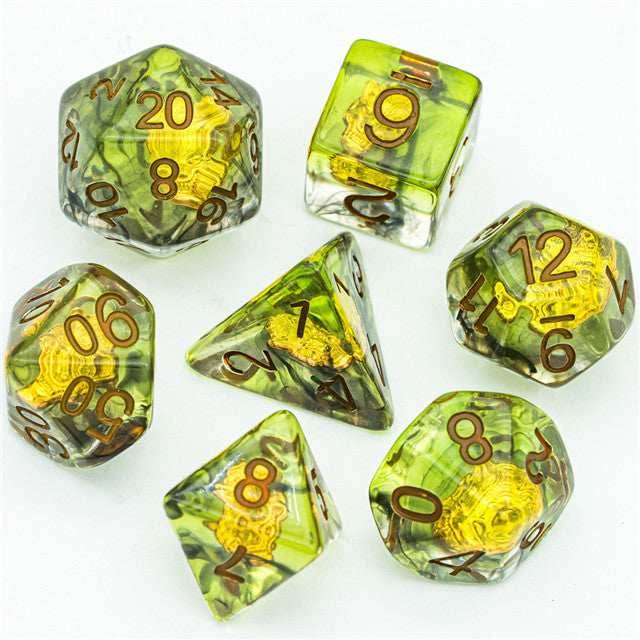 Druid (Wolf Head) Green/gold Dice w/ Golden Wolf Head 7-Dice Set Rpg - 