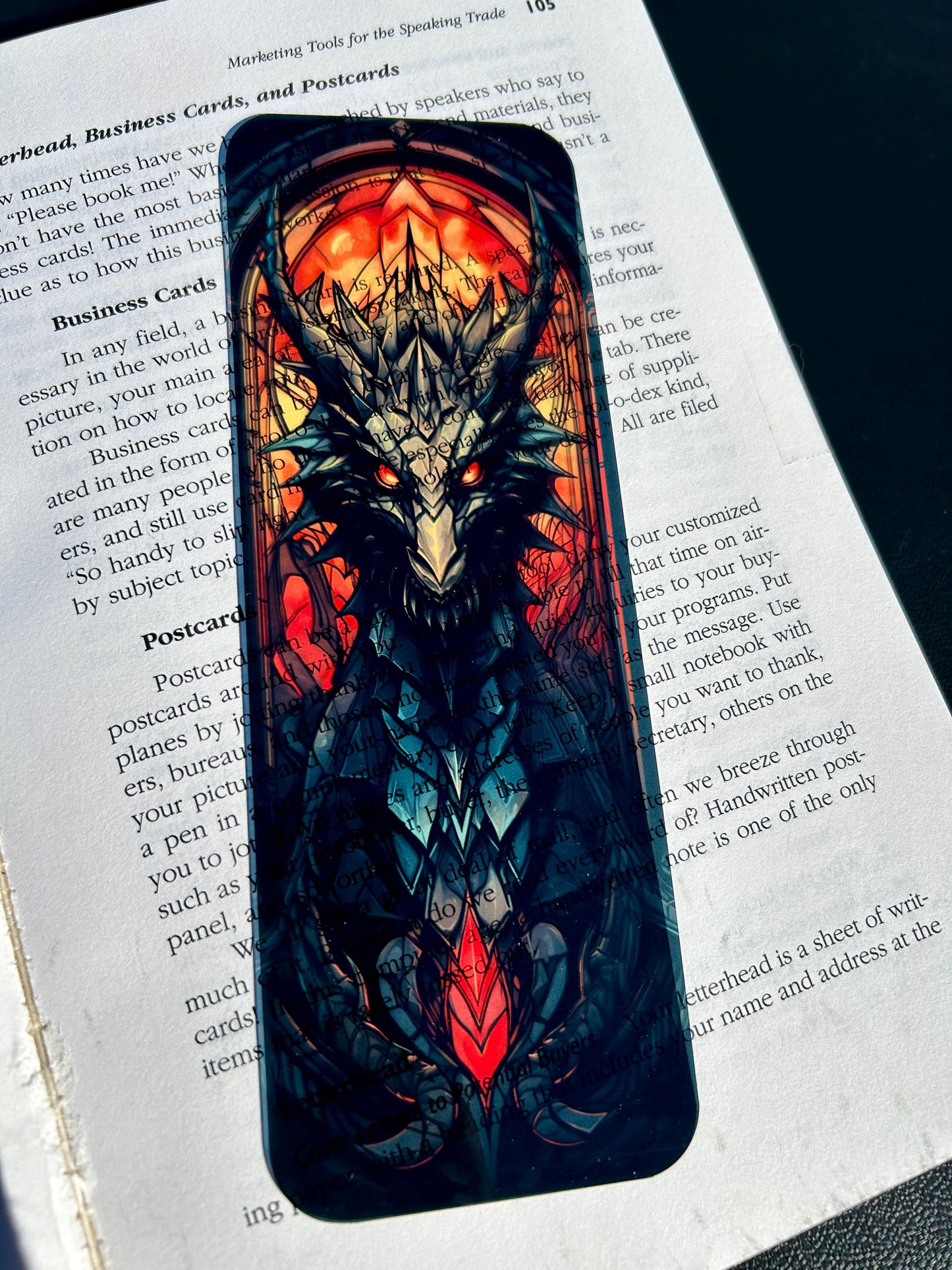 HELL Dragon Bookmark – Fiery Stained Glass Design for Fantasy Book Lovers, Dark Gothic Dragon Art Bookmark Gift for Readers