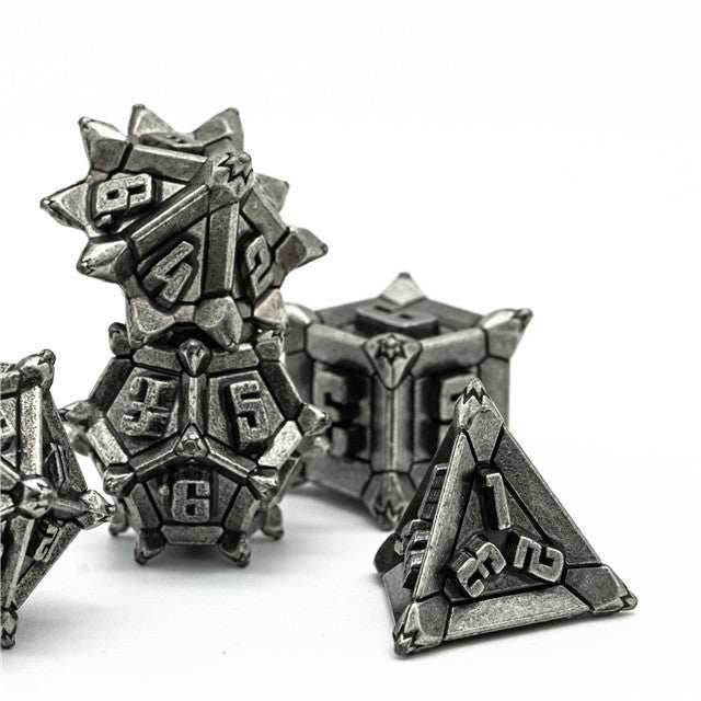Vintage Silver Pinwheel Strengthened Metal 7-Dice Set | Metal DND Dice - 