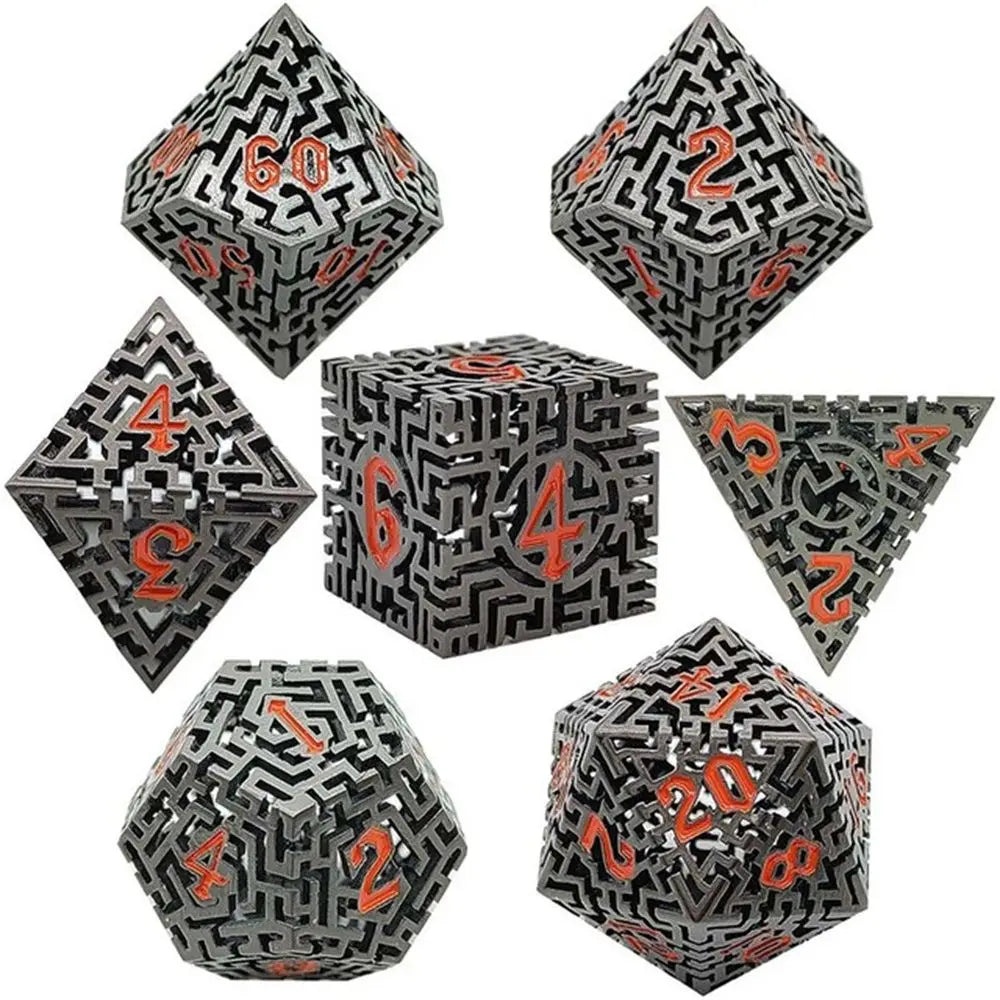 7Pcs Hollow Polyhedral Dice Set Metal Dices Table Games Accessory  For D&d DND D6 D8 D10 D12 D20