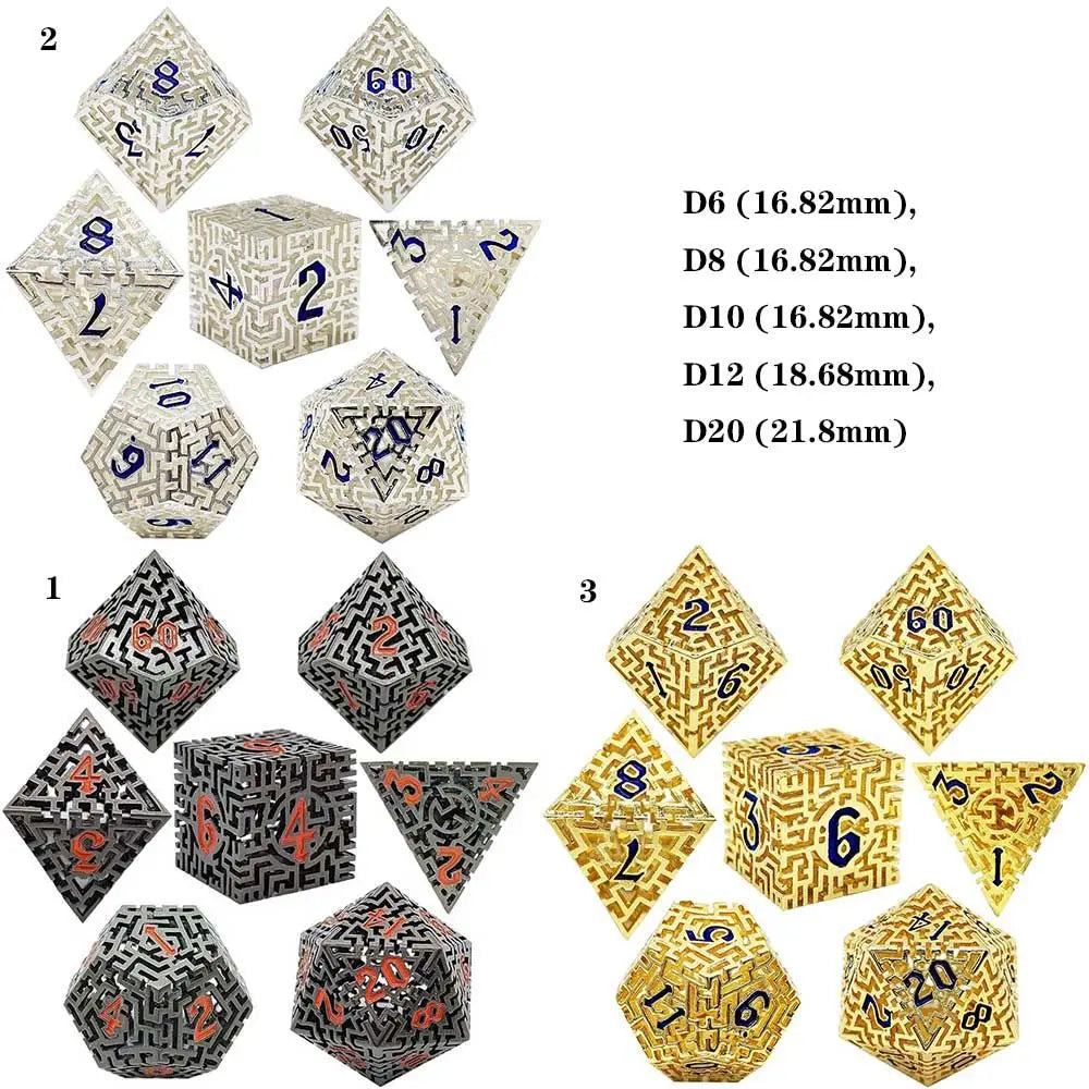 7Pcs Hollow Polyhedral Dice Set Metal Dices Table Games Accessory  For D&d DND D6 D8 D10 D12 D20