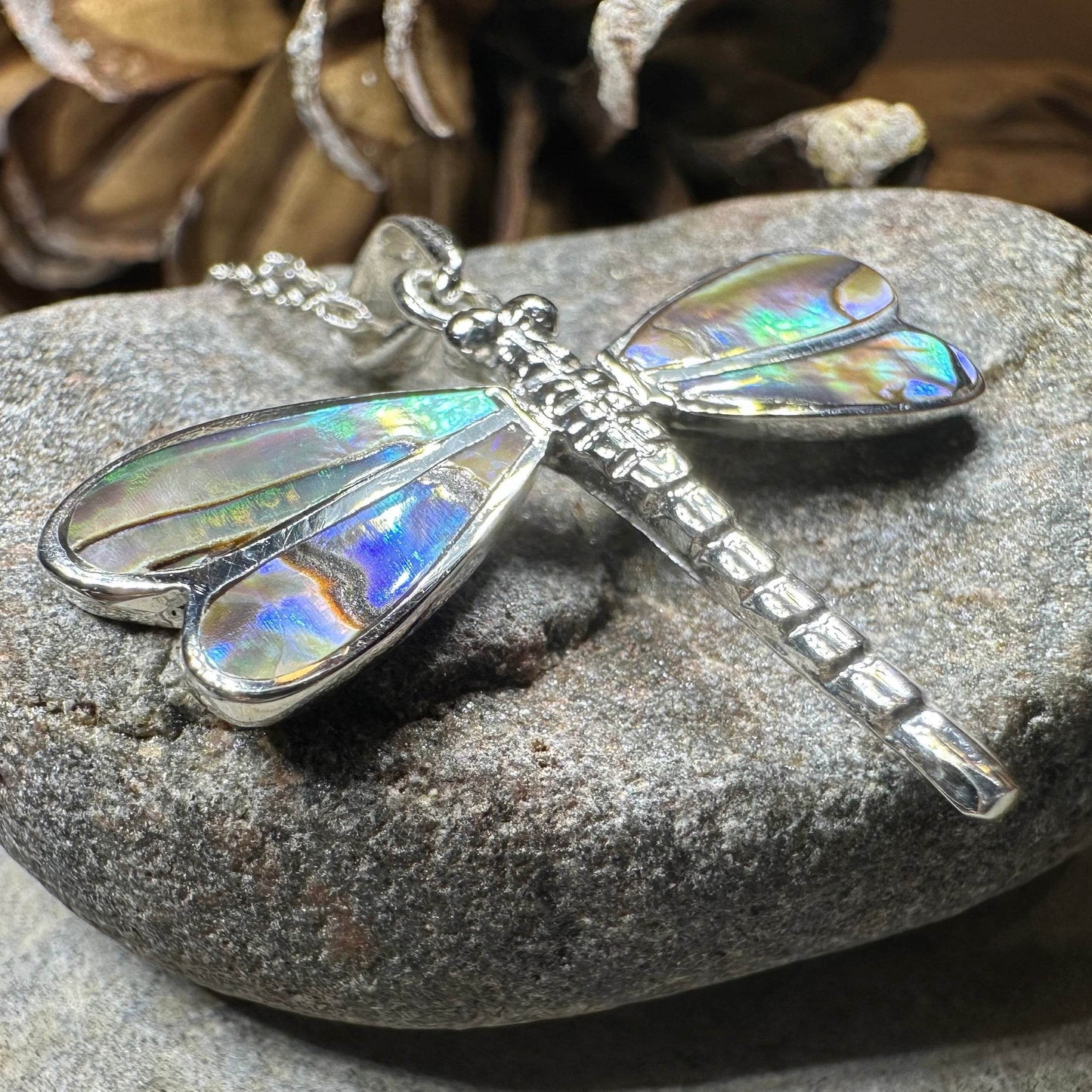 Shimmering Dragonfly Necklace - blue abalone shell