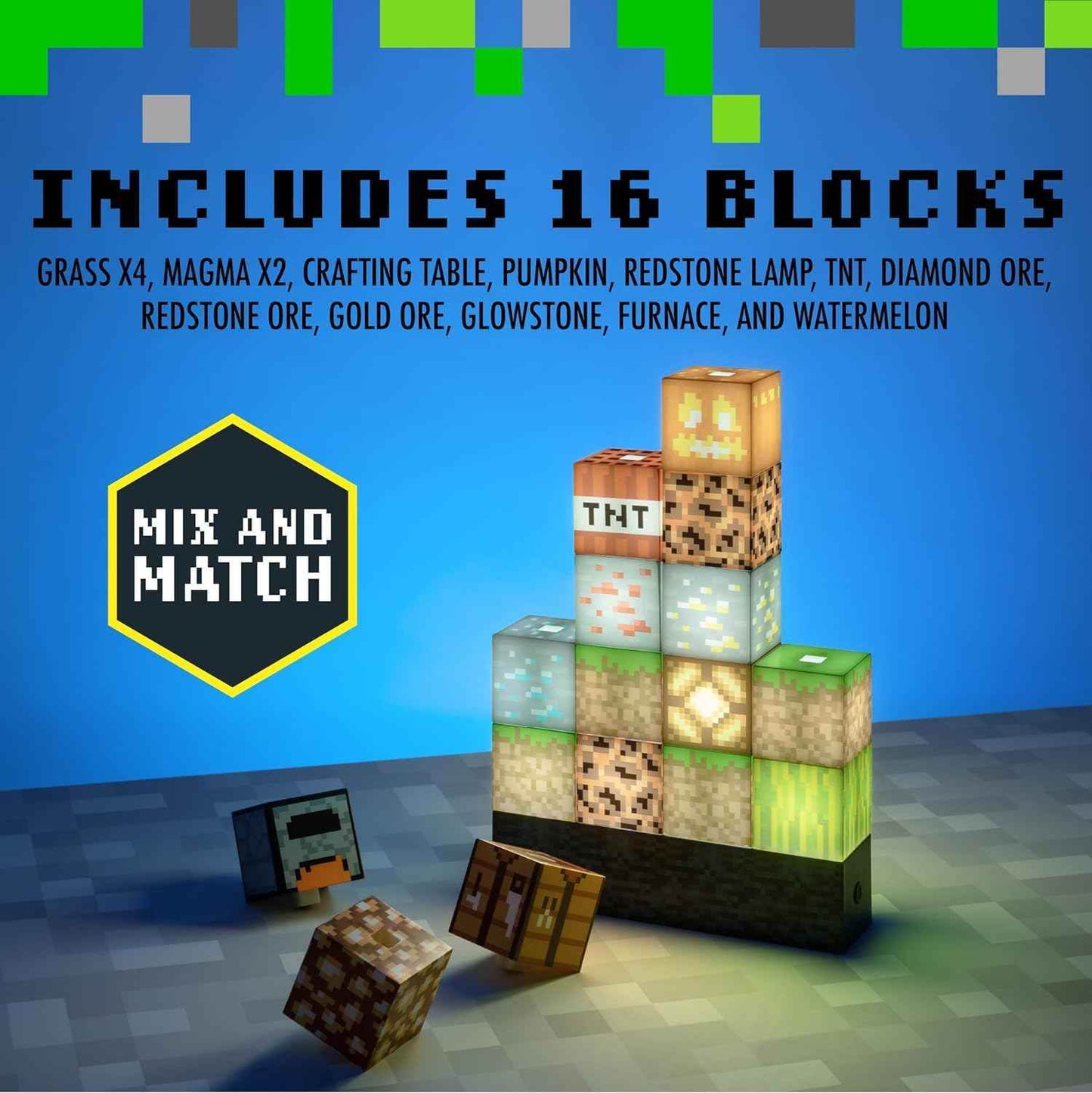 Minecraft Night Light – LED Block Lamp | Custom Stackable Light Blocks for Gaming Room - 