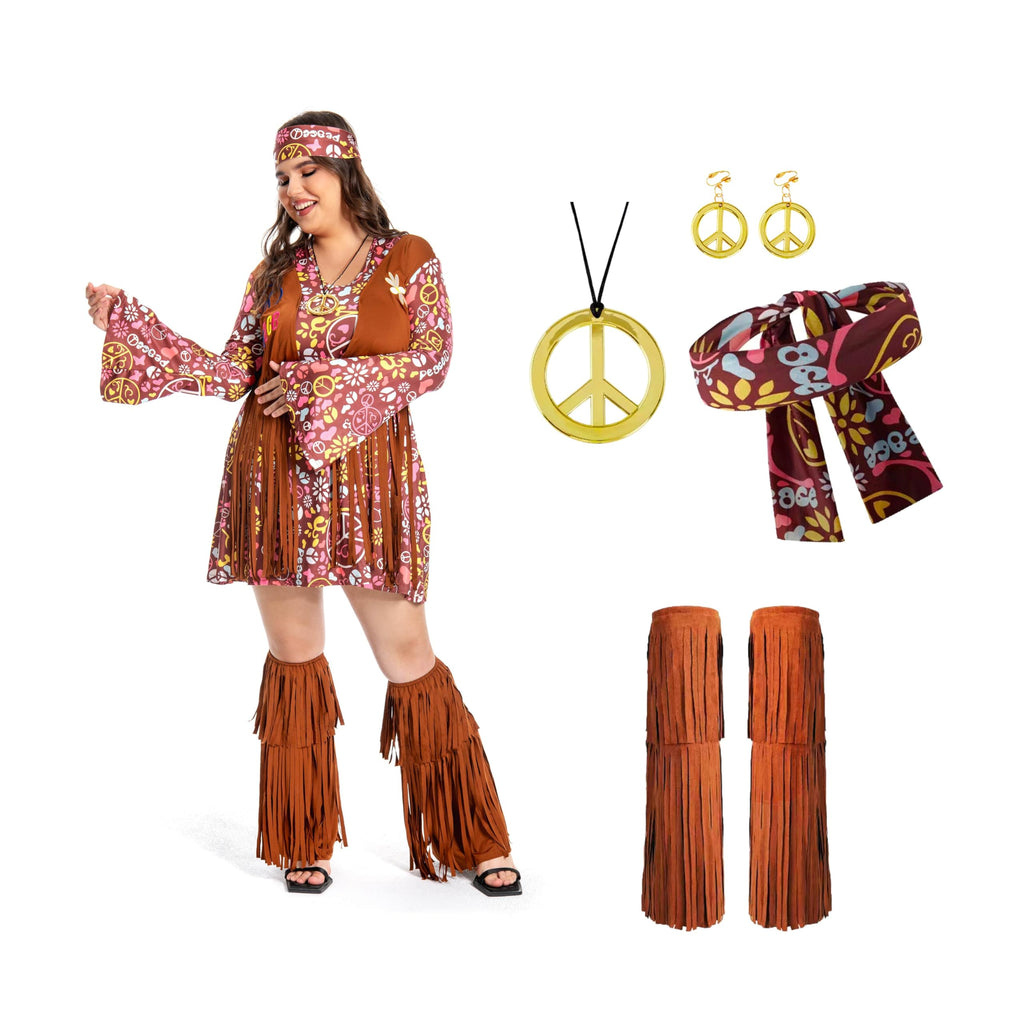 Plus Size Hippie Costume - Women's 70s Floral Dress with Accessories