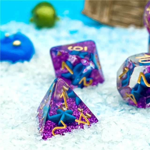 Purple w/Blue Starfish Dice 7-Dice Set Resin Dungeons and Dragons Dice - 