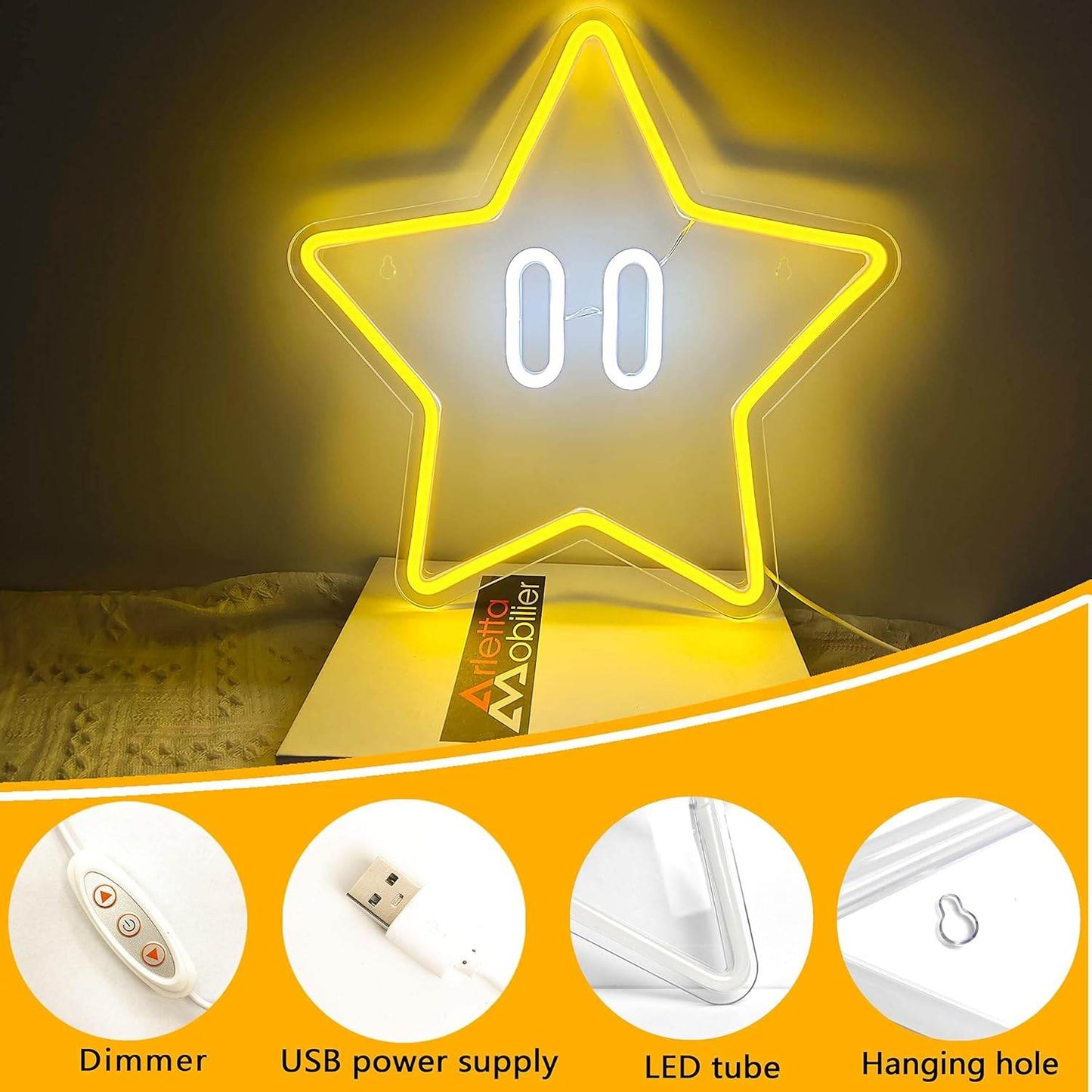 Star Neon Sign – Gaming Neon Wall Decor for Game Room & Kids Room Lighting - Yellow with White Backplate