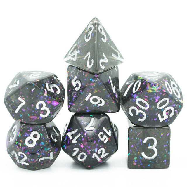 Black Cloud Brocade Powder 7-Dice Dnd Dice | Glitter w/Silver Numbers Set - 