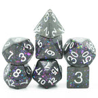 Black Cloud Brocade Powder 7-Dice Dnd Dice | Glitter w/Silver Numbers Set - 