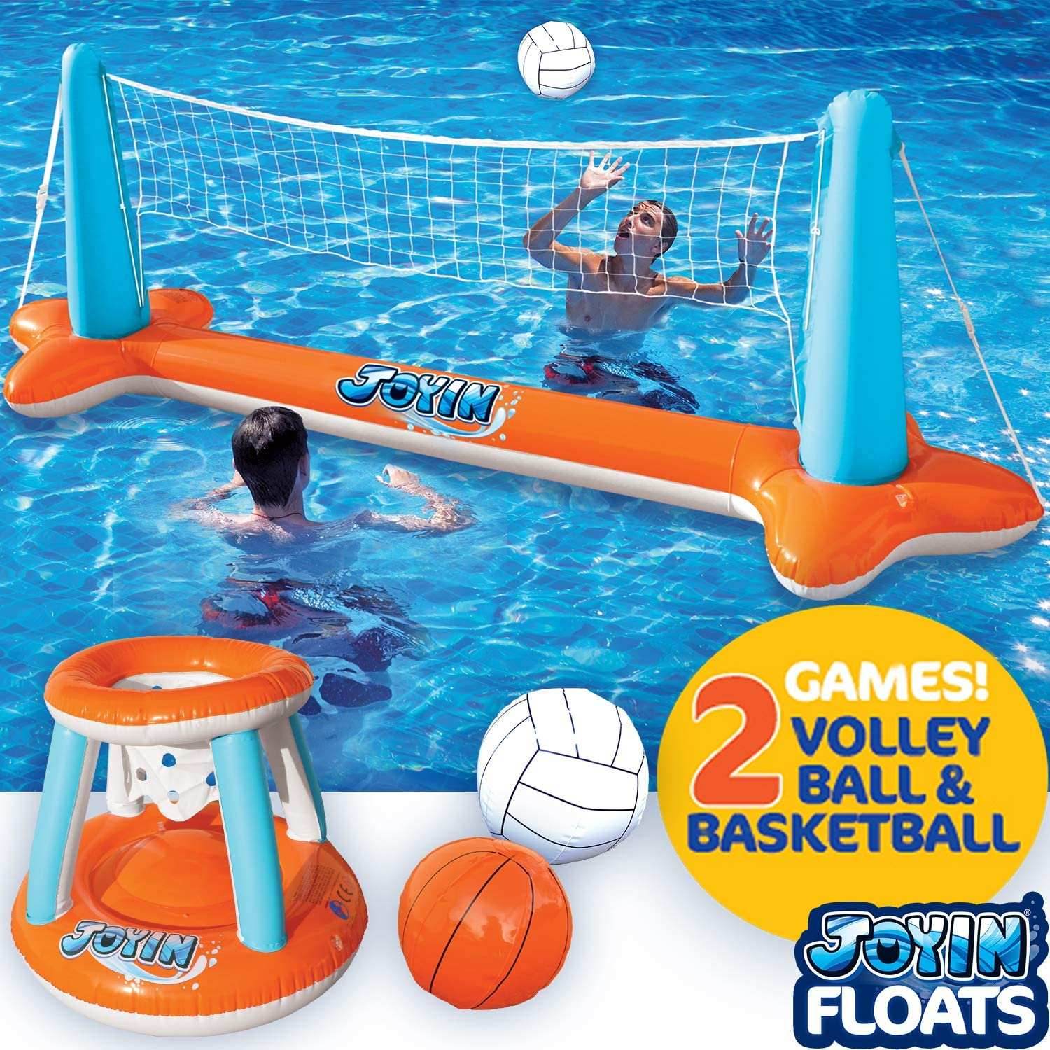 Inflatable Pool Float Volleyball Net & Basketball Hoops Set - 