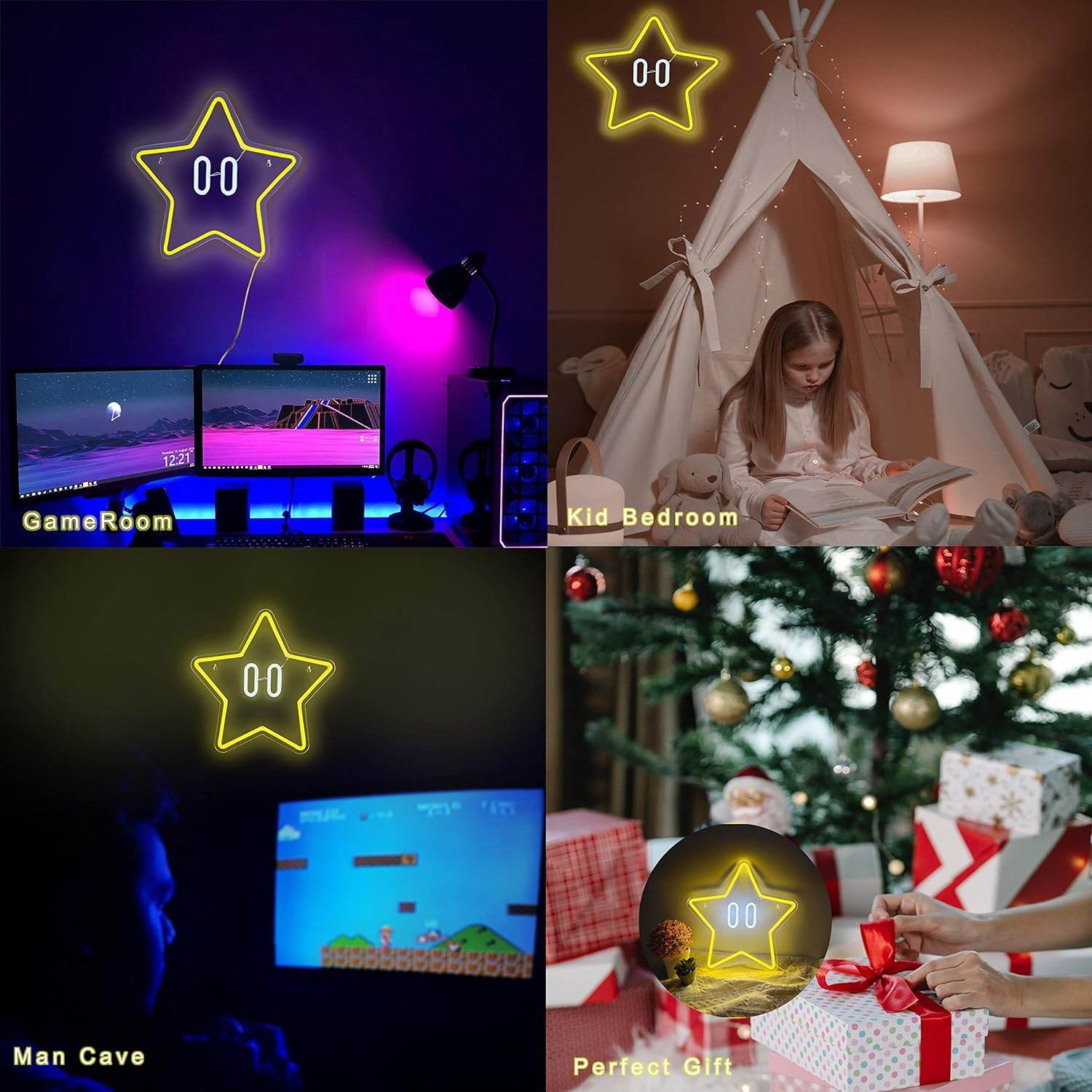 Star Neon Sign – Gaming Neon Wall Decor for Game Room & Kids Room Lighting - Yellow with White Backplate