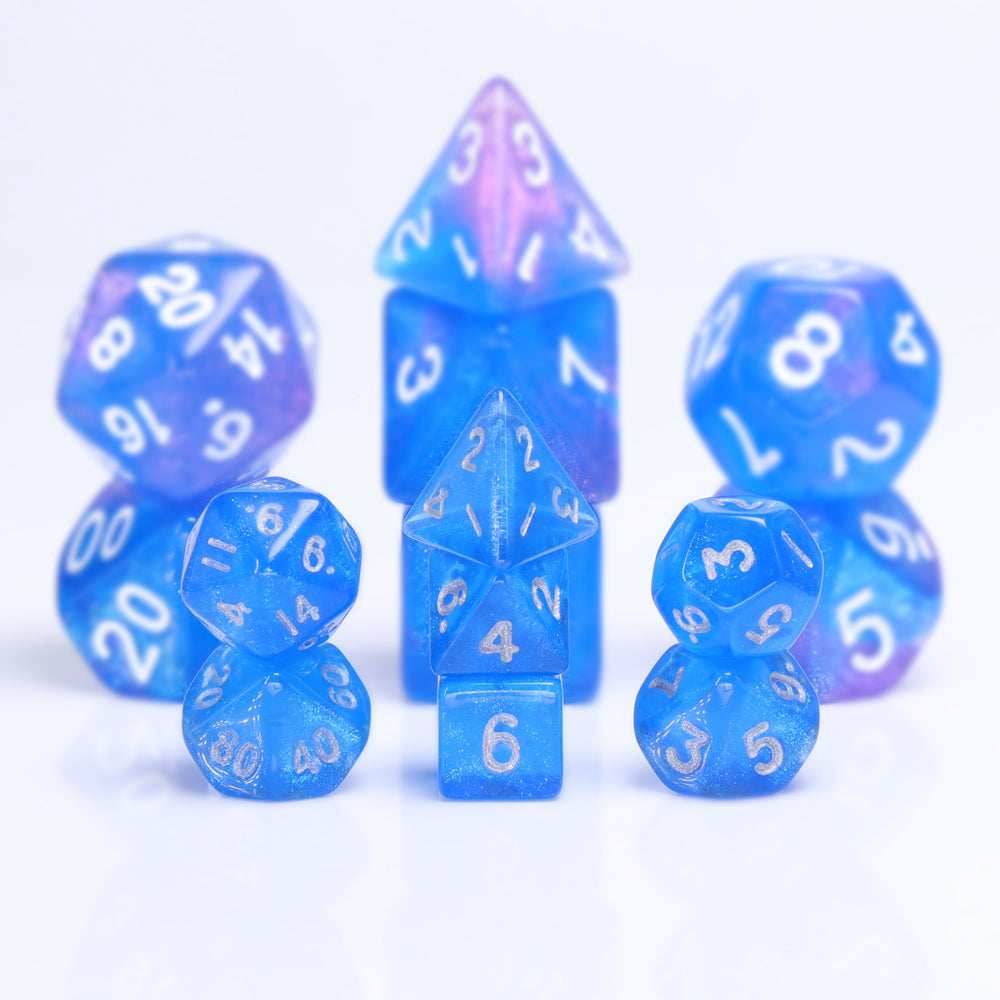 Glitter Blue 7-Dice Mini-Dice RPG Set w/Silver Numbers Miniature Dice - 