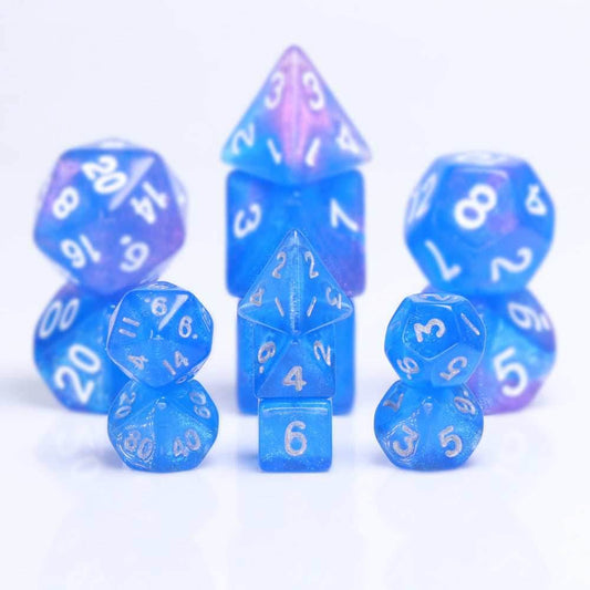 Glitter Blue 7-Dice Mini-Dice RPG Set w/Silver Numbers Miniature Dice - 