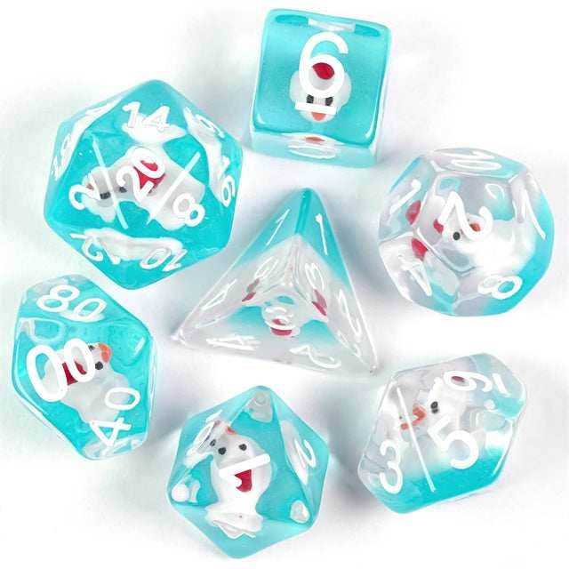 White Duck Red Hat on Blue 7-Dice Set w/White Numbers Dnd Dice Set - 