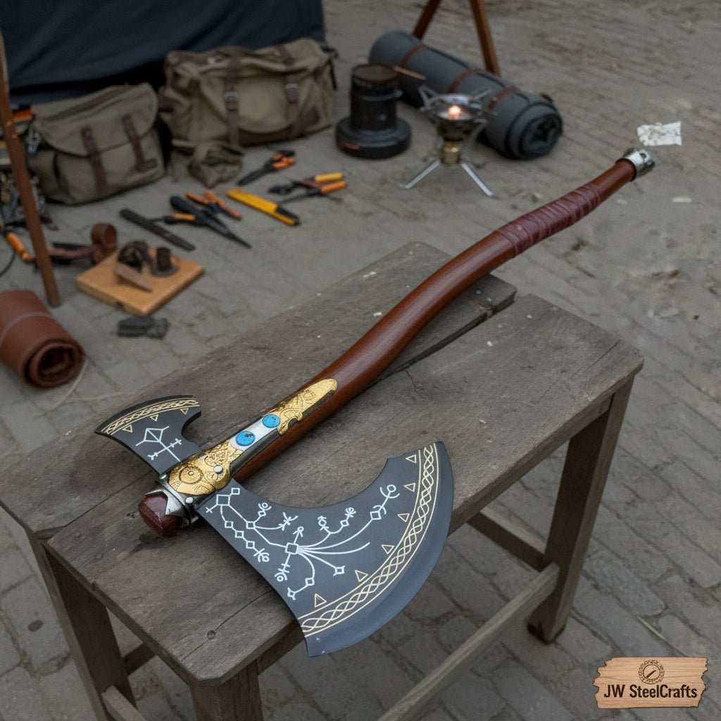 Hand-Forged Viking Double-Bit Fantasy Display Axe with Engraved Head