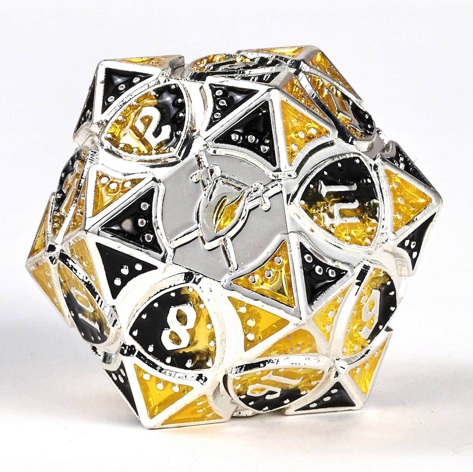 Solid Metal Fighter Class RPG Dice Set - Silver/Yellow/Black - 