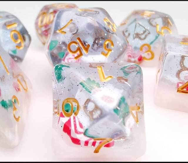 Red & White Stocking Inclusion with Frost and Tree 7-Dice Set RPG DND - 