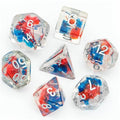 Blue & Red Clear Dice w/ Silver Numbers 7-Dice Set Rpg - 