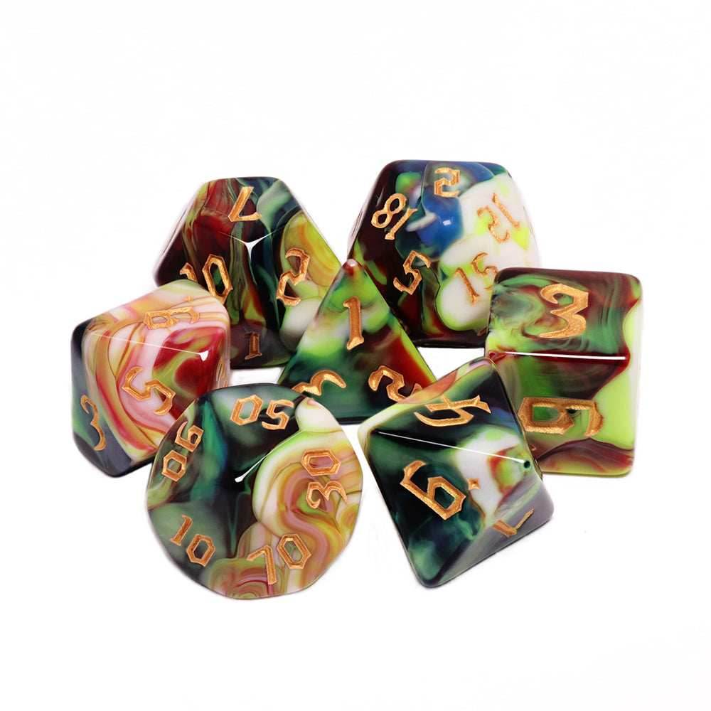 Secret Garden 7-Dice Set Blue/White/Green/Red w/Gold Numbers Dnd Dice Set - 