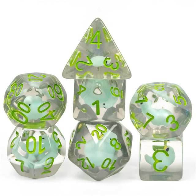 Dinosaur on Glitter 7-Dice Set w/Green Numbers Dnd Dice Set - 