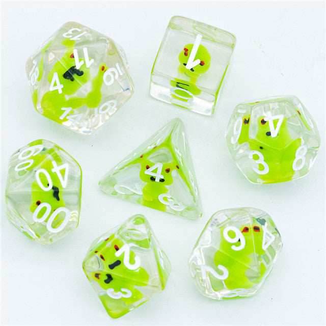 Frog Dice Clear Dice w/ Green Frogs 7-Dice Set Rpg - 