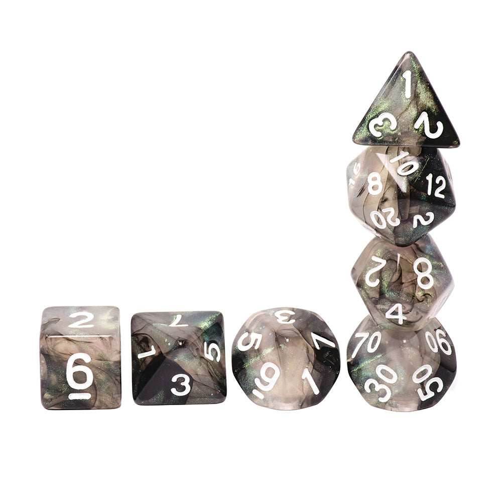 Stellar Explosion 7-Dice Set Black/Silver w/White Numbers Dnd Dice Set (Blacklight reactive) - 
