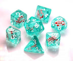 Translucent Teal w/Red & White Stocking Inclusion 7-Dice Set RPG DND - 