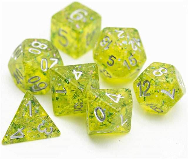 Green Cloud Brocade Powder 7-Dice Dnd Dice | Glitter w/Silver Numbers Set - 