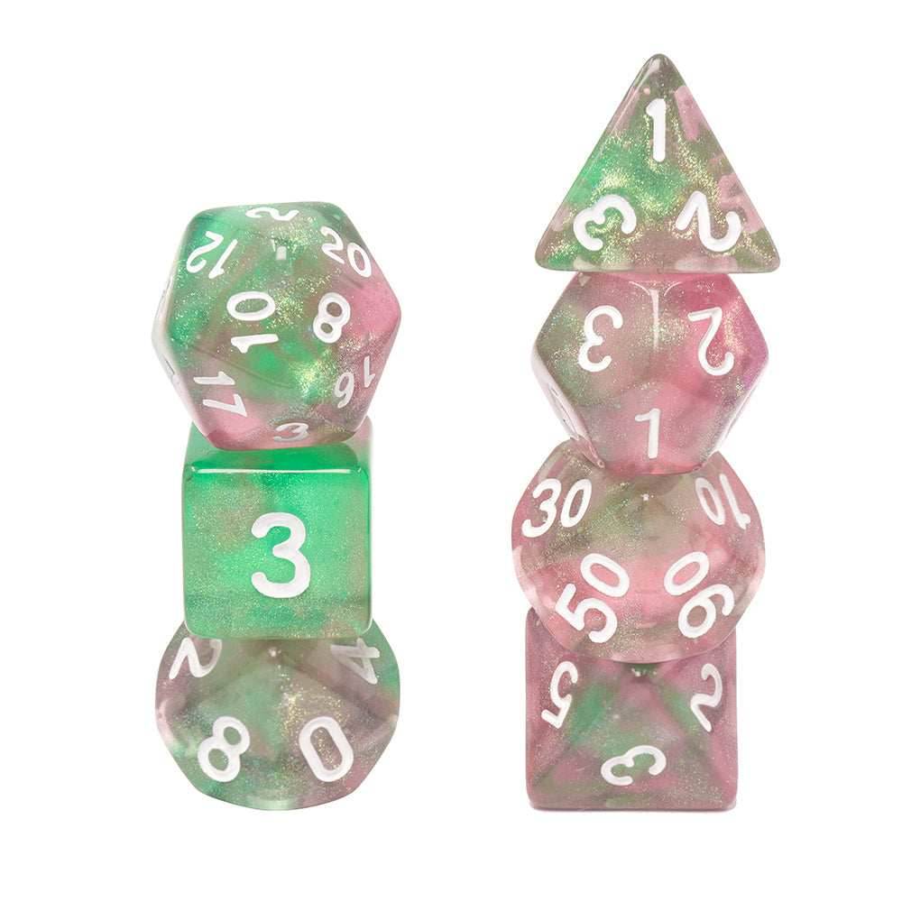 Rebirth 7-Dice Set Green/Pink w/White Numbers Dnd Dice Set (Blacklight reactive) - 
