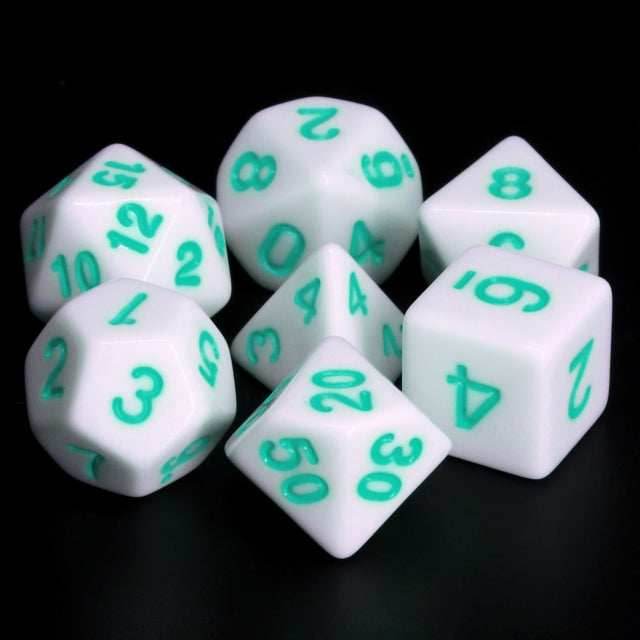White Opaque with Teal Numbering 7-Dice Set RPG - 