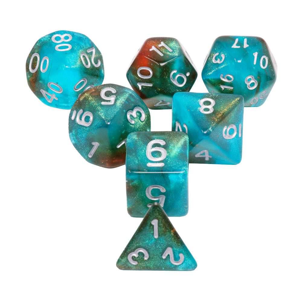 Neverland 7-Dice Set Teal/Orange w/Silver Numbers Dnd Dice Set (Blacklight reactive) - 
