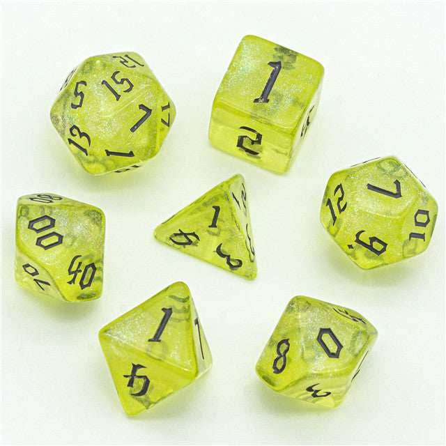 Yellow Glitter Party Glitter Dice (Silver font) 7-Dice Set RPG DND - 