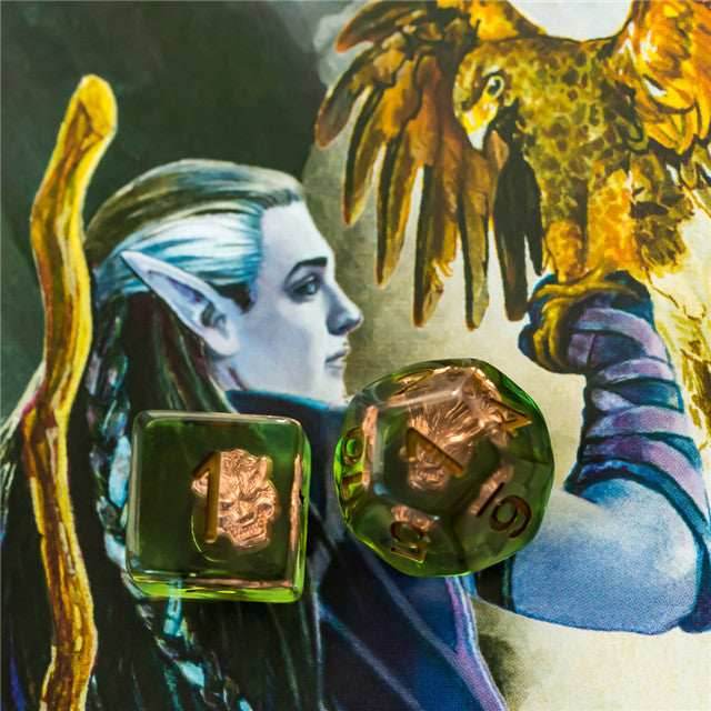 Druid (Wolf Head) Green/gold Dice w/ Golden Wolf Head 7-Dice Set Rpg - 