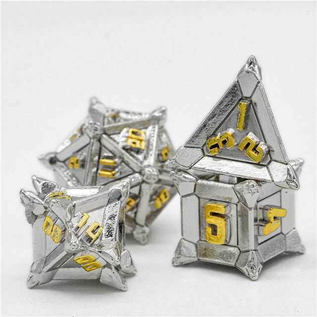 White w/Gold Pinwheel Strengthened Metal 7-Dice Set | Metal DND Dice - 