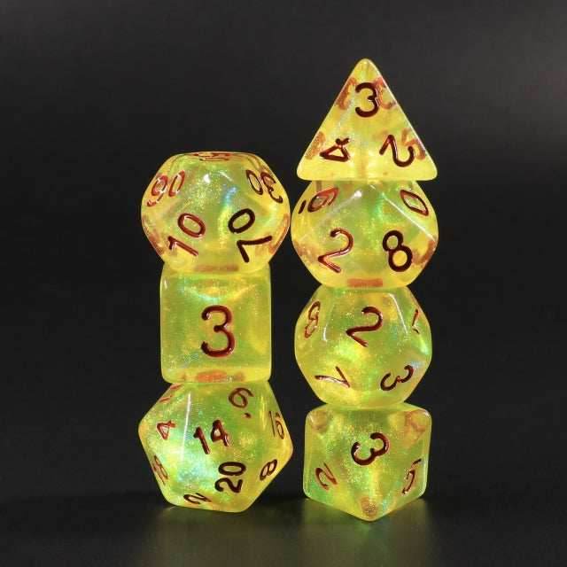 Lemon Yellow Glitter with Red Numbering 7-Dice Set RPG - 