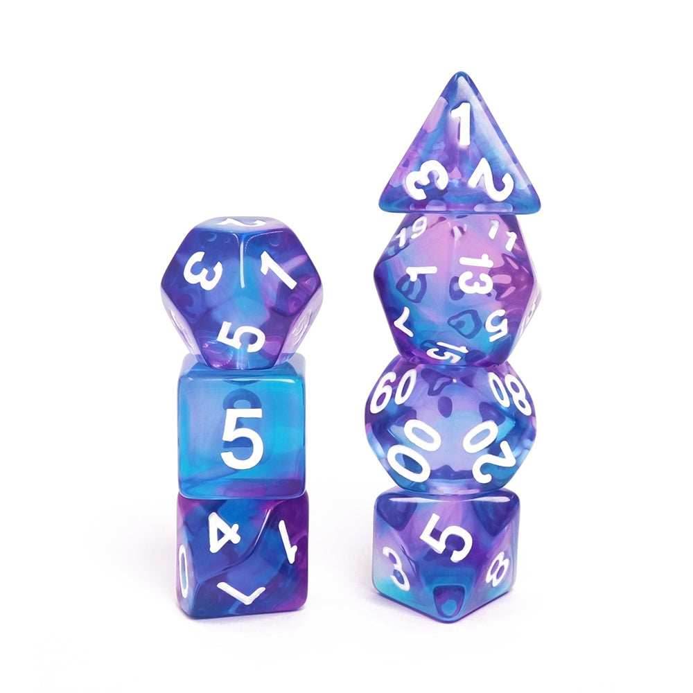 Crystal Dream 7-Dice Set Purple/Blue w/White Numbers Stained Glass Dnd Dice Set - 