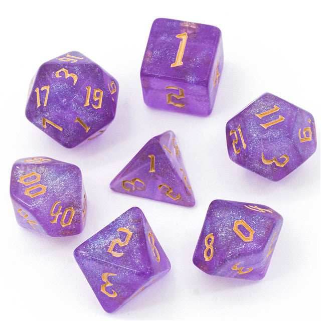 Purple Glitter Party Glitter Dice (Gold font) 7-Dice Set RPG DND - 
