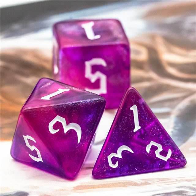 Purple + Red Glitter Party Dice (White font) 7-Dice Set RPG DND - 