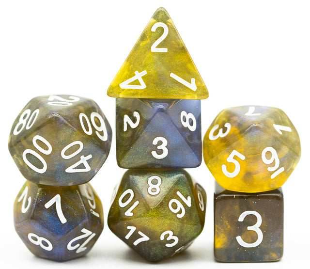 Yellow & Blue w/white Galaxy Glitter 7-Dice Set RPG - 