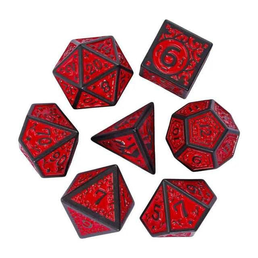 Black with Red Irregular Pattern Fill: 7-Piece Acrylic Dice Set - 