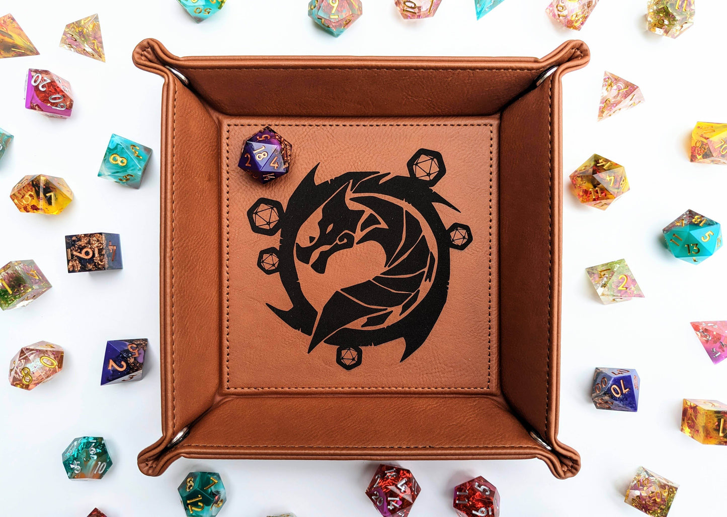 The Waiting Wyvern - Vegan Leather Dice Rolling Tray - Chestnut