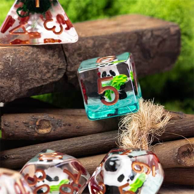 Bamboo Panda on Blue Glitter 7-Dice Set w/Copper Numbers Dnd Dice Set - 