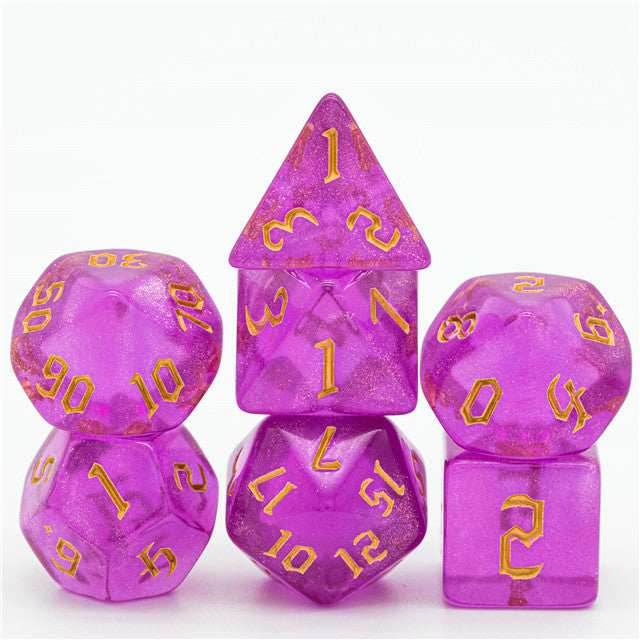 Violet Glitter Party Glitter Dice (Gold font) 7-Dice Set RPG DND - 