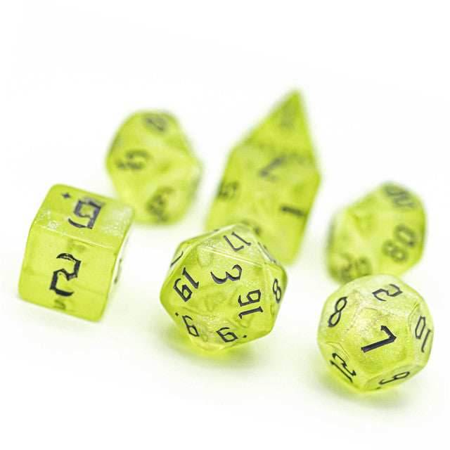Yellow Glitter Party Glitter Dice (Silver font) 7-Dice Set RPG DND - 