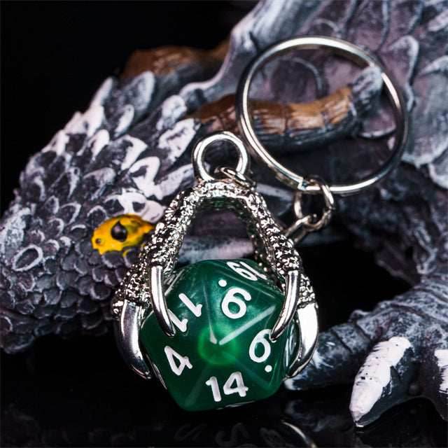 Claw Green D20 Keychain Featuring Silver Metal Dragon Claw + d20 - 