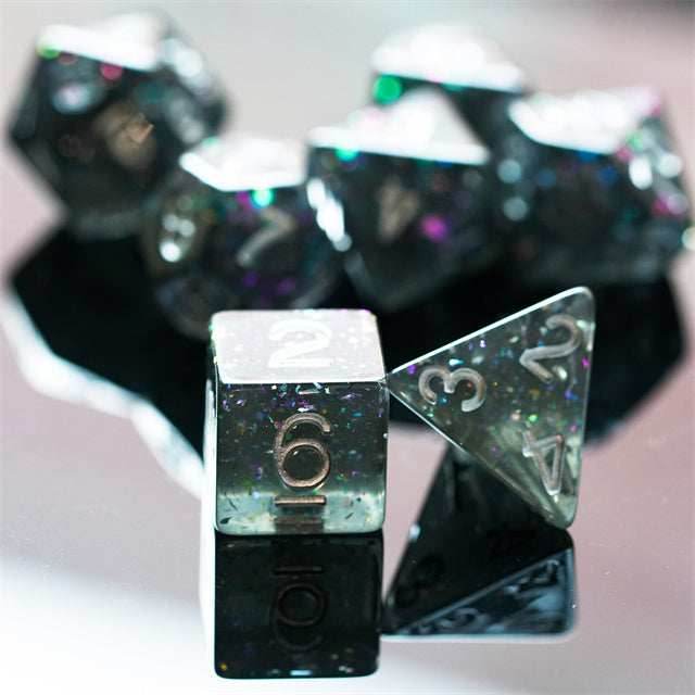 Black Cloud Brocade Powder 7-Dice Dnd Dice | Glitter w/Silver Numbers Set - 