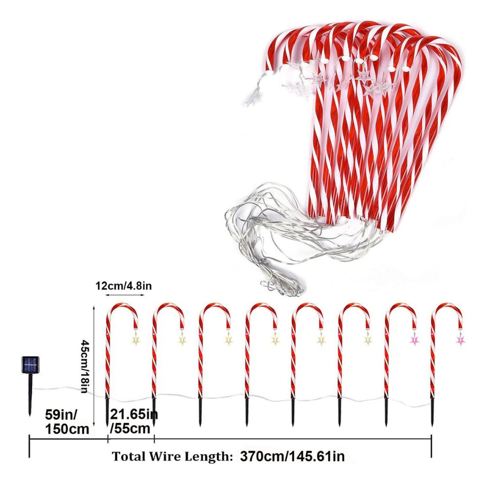 8PCS Solar Candy Cane Lights Waterproof and Versatile for Christmas, Garden and Lawn Decor